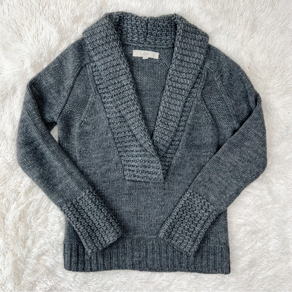 Loft grey chunky knit v neck sweater alpaca blend shawl collar Sz S
